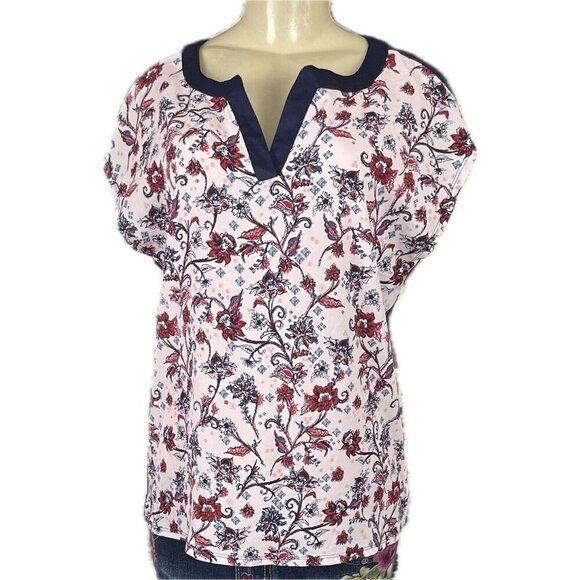 Marc New York L Pink Floral Split Neckline Navy Back Short Dolman Sleeve Blouse - Picture 2 of 6